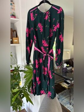 Boden Dark Green Button Top Long-Sleeve Dress with Hot Pink Floral Print